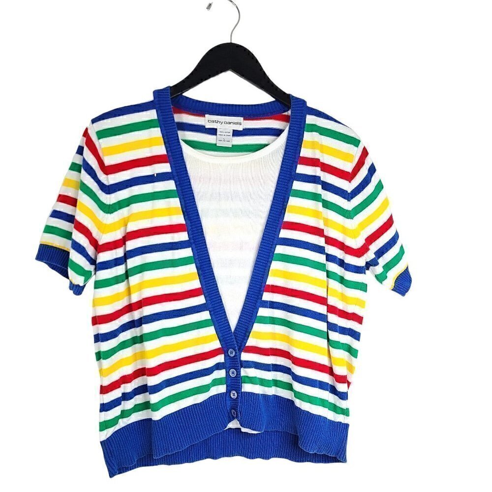 Vintage 90s Y2K Cathy Daniels White Blue Striped Cardigan Preppy Top